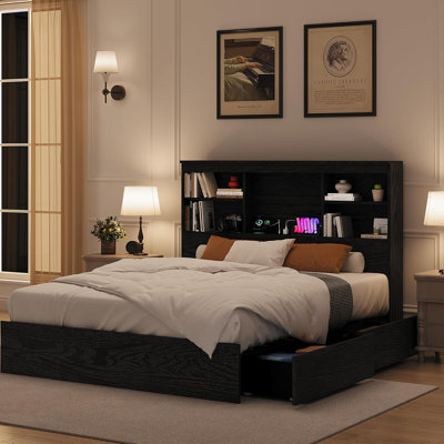 King Size Bed Frame with High Storage Bookcase Headboard, Wood Bed Frame with 4 Storage Drawers, Built in Charging Station, No Box Spring Needed, Metal Frame, Noise-Free, Black