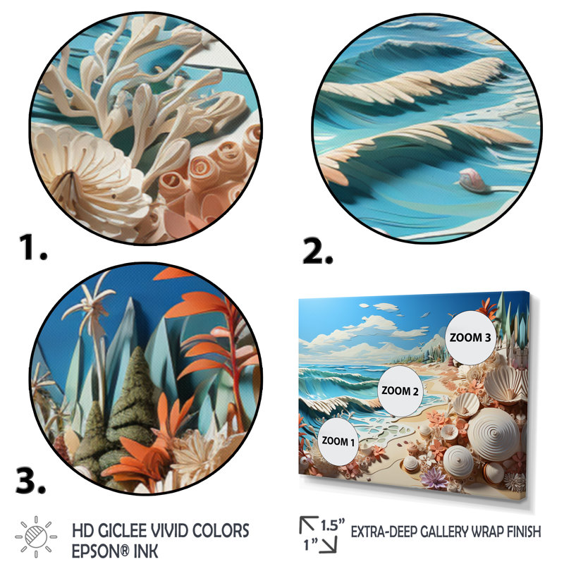«Breda Coastal Beachside Tranquility Papercut», reproduction sur toile, H 34 po x l 44 po x P 1,5 po, Cadre naturel flottant