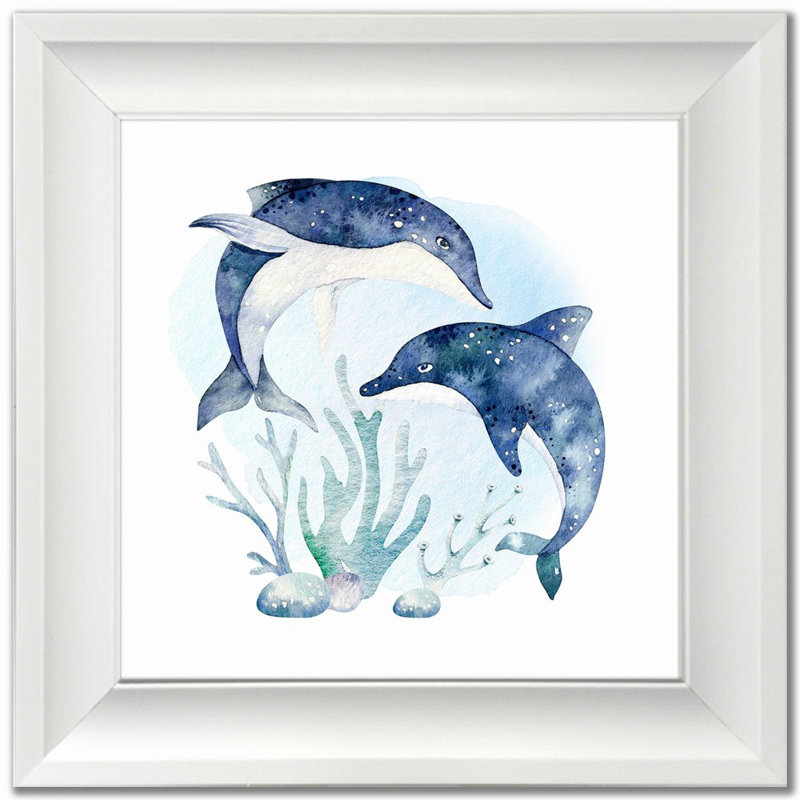 Dauphins, art mural sur toile, Cadre d'angle fermé blanc, H 17,5 po x l 17,5 po