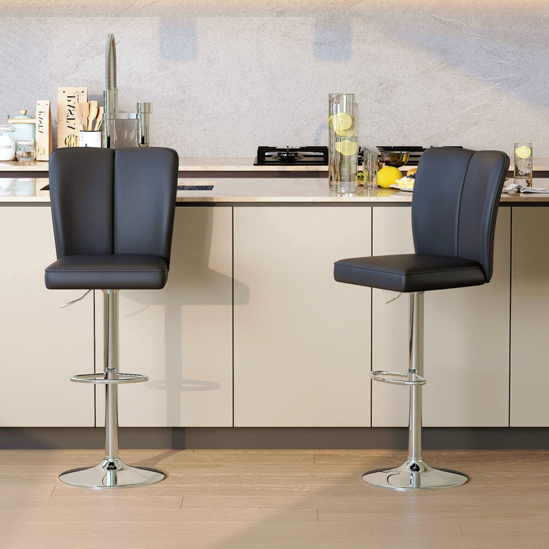 PU Bar Stool Set - 2-Piece, Featuring Vertical And Smooth-Lined Backrests With Trumpet-Shaped Silver Metal Legs, Black