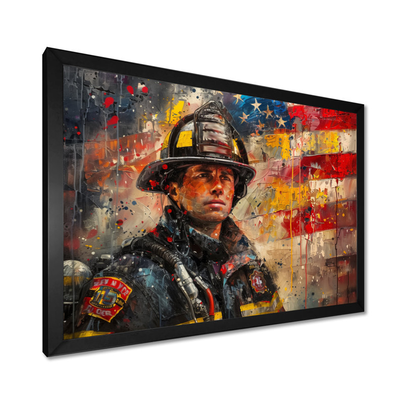 «Patriot Firefighter Hero I - Fireman Wall Art Living Room», Toile encadrée noire simple, H 16 po x l 32 po x P 1 po