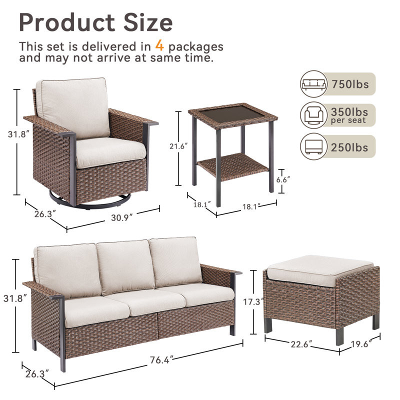 6 Piece Wicker/Rattan Sofa Seating Group With Cushions, Beige