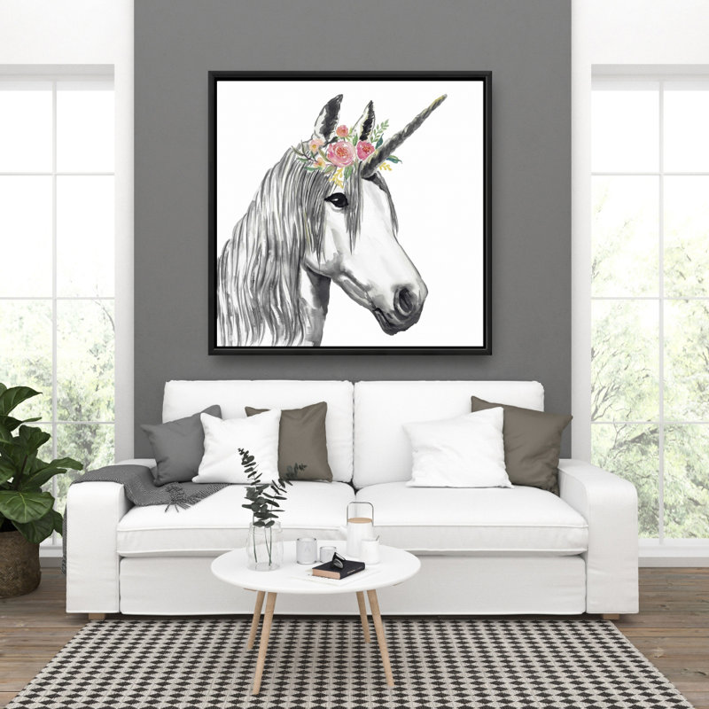 Toile illustrée rose licorne encadrée pour la décoration intérieure, H 37,25 po x l 37,25 po