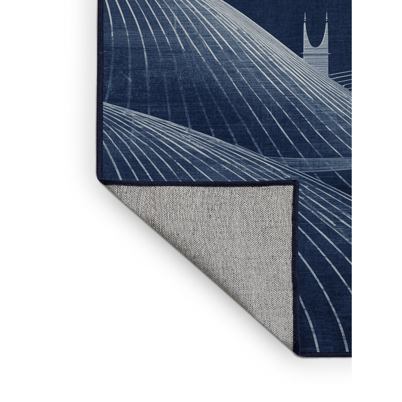 Machine Washable Pelico Doha Skyline Qatar Sleek & Chic Modern Arc Rug in Blue – Navy Binding, 2x3