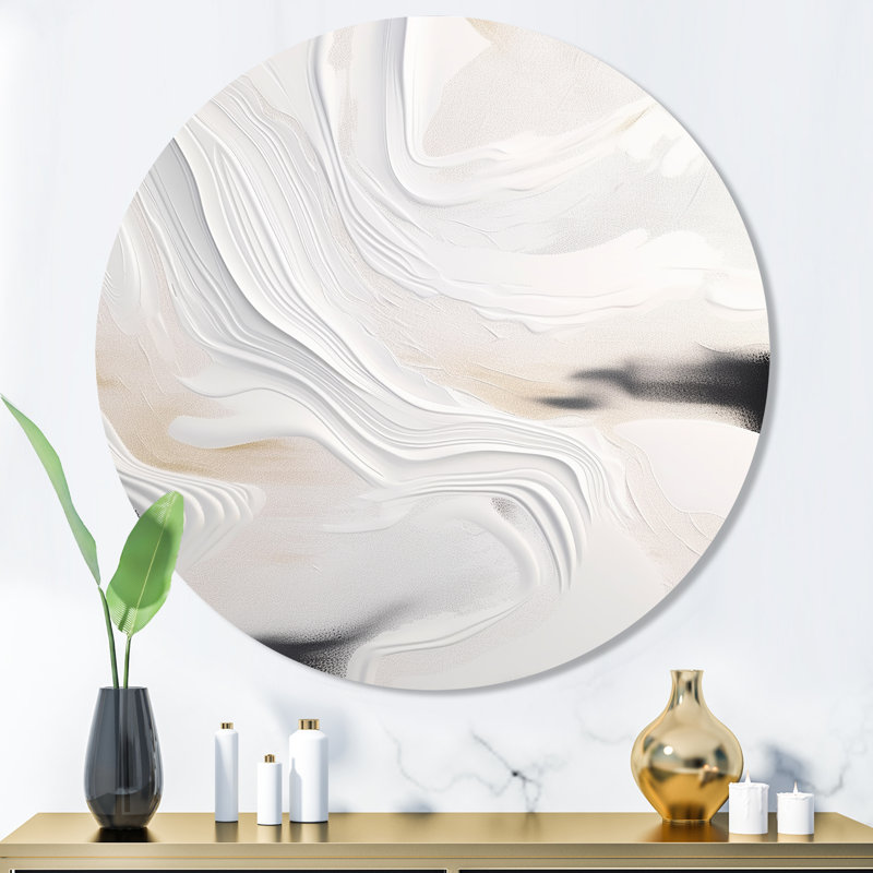 Blanc et or ondulations de pierre - art mural rond en marbre abstrait, H 23 po x l 23 po x P 1 po