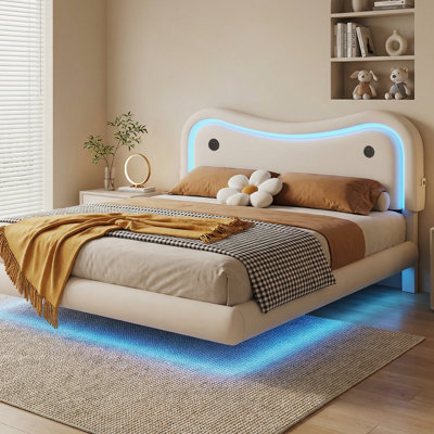 Amelia LED Floating Velvet Upholstered Bed With Curved Headboard – Built-In Charging Station, Height-Adjustable & Music-Sync Lights