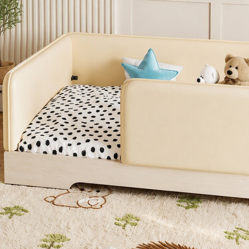 Lit simple tapissier pour enfants, cadre de lit en cuir Montessori avec garde-corps amovibles, lit plateforme à profil bas pour garçons filles, beige