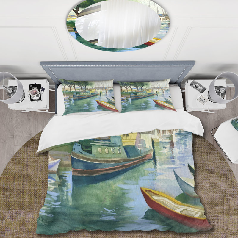Bateaux en vert printemps - Ensemble de housse de couette traditionnel - Microfibre de polyester