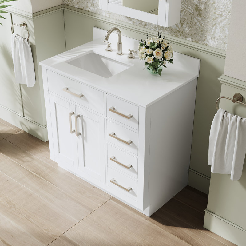 36" W x 35" H Freestanding Bathroom Solid Wood Vanity With White Cultured Marble Countertop And Ceramic Single Sink,White