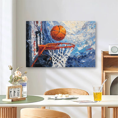 Impasto Oil Painting of Basketball Shooting into Hoop, Thick Texture Sport Art Print, Canvas Wall Art for Teen Room Decor