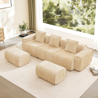 Canapé modulaire modulaire à 3 places en forme de U avec passepoil à bordure française, aucun assemblage requis, canapé à 3 places avec coussins décoratifs et 2 repose-pieds mobiles, tissu velours clair chameau