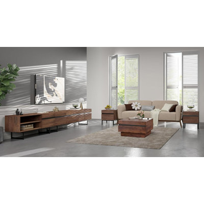 Nellie Modern Living Room Table Sets Of 4, 113 Inch TV Stand, 1 Square Coffee Table With Tempered Glass Top, 2 End Table With Drawers For Living Room,