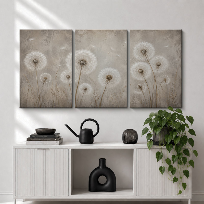 Neutre pissenlit, art botanique, photos de chambre à coucher, impression sur toile encadrée, 3 pièces, Toile tendue