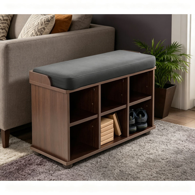Banc de hall d'entrée en bois massif avec rangement et coussin, finition espresso foncé, portemanteau robuste et élégant pour l'organisation à la maison