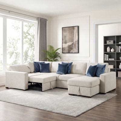 Canapé modulaire en microfibre 4 pièces de 140 po avec lit escamotable, méridienne réversible et 8 coussins décoratifs 140 po