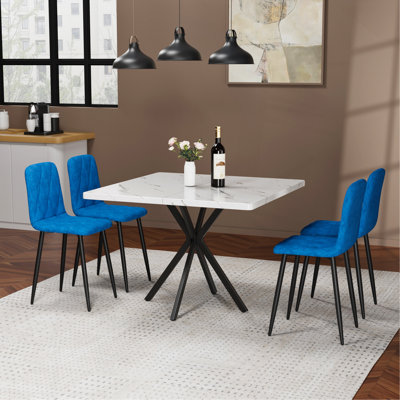 Square Dining Table Set, Mid Century Modern Square Dining Table For 4 Person, Faux Marble Tabletop, Iron Legs, Coffee Table For Kitchen Dining Room, Office, Save Space