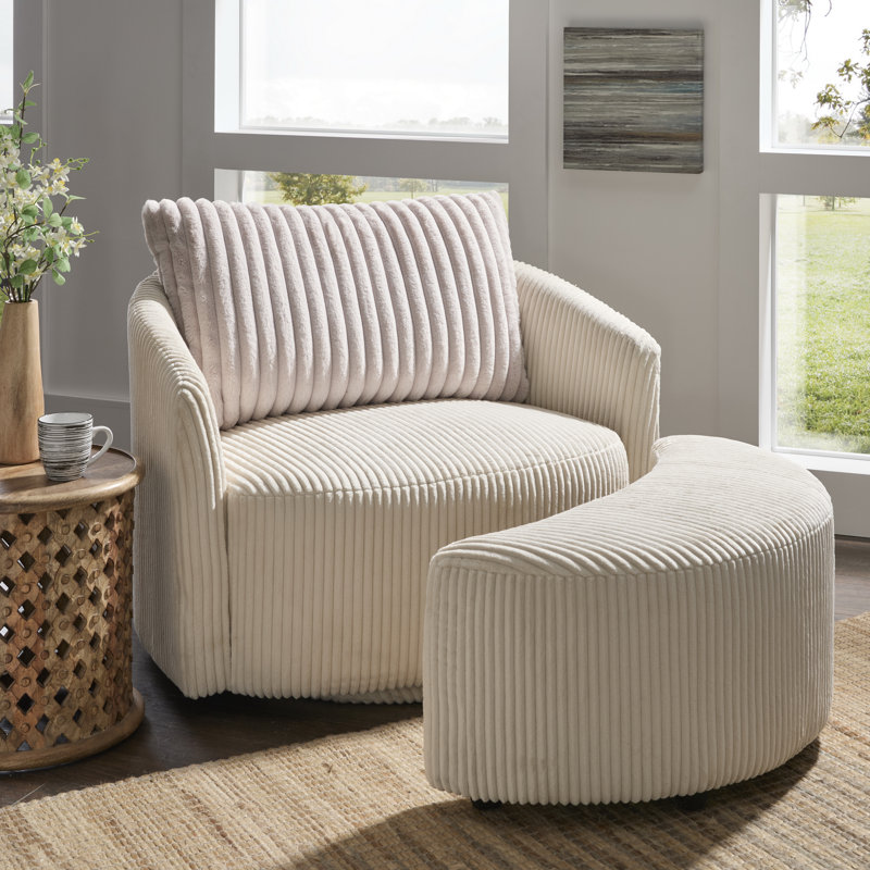 Doniphan Oversized Wale Corduroy Swivel Accent Chair With Furry Channel Pillow And Ottoman, Beige
