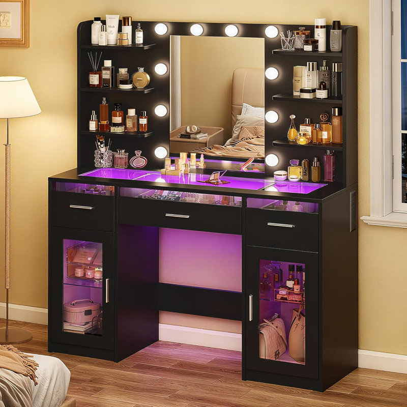 Bureau de maquillage avec éclairage réglable, bureau transparent, prise de courant, Noir