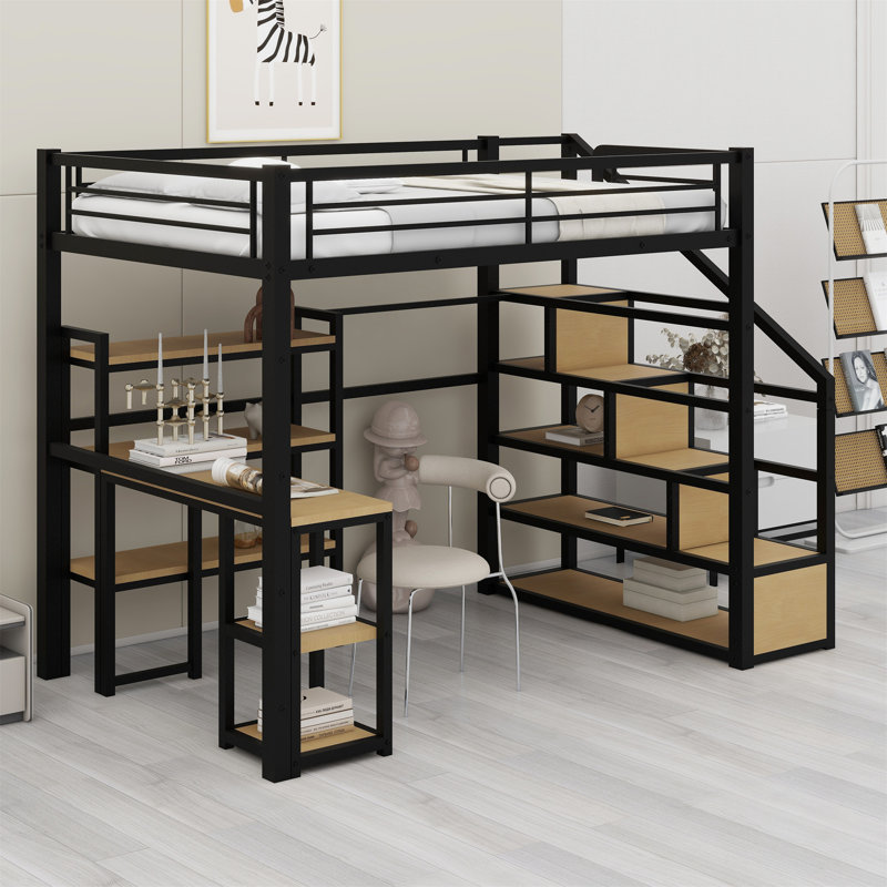 Lit mezzanine en métal avec escalier, bureau intégré et tablettes