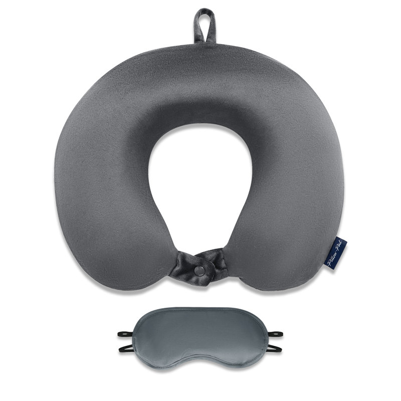 Memory Foam Neck Pillow with Breathable Cover & Eye Mask, Ergonomic Support for Travel, Work & Sleep Comfort, Grey