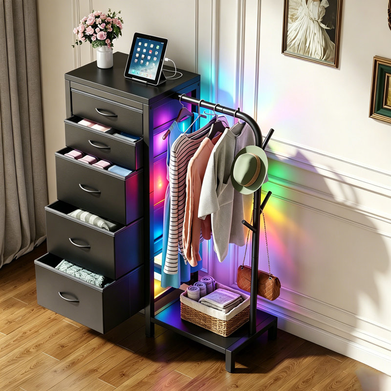 40cm W 5 - Drawer Chest of Drawers,Dresser with Hanging Rack,Extra Large Capacity Drawers with Huge Storage Space, Reversible Dresser for Bedroom with 5 Fabric Drawers & 2 Coat Racks & without Charging Station and LED Lights