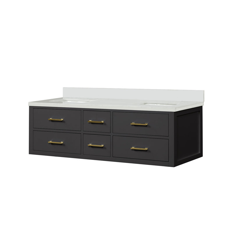 60" Wall-Mounted Double Bathroom Vanity Set, White Quartz, Black