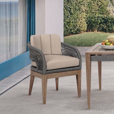 Chaise de patio d'extérieur en bois d'eucalyptus vieilli avec corde grise et coussins en oléfine taupe