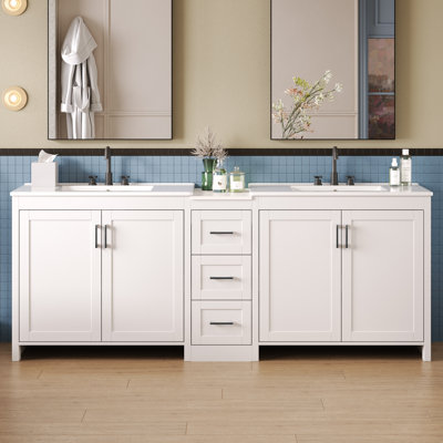 Pearl 84" Double Bathroom Vanity With Quartz Top, Ceramic Sinks & Drawers