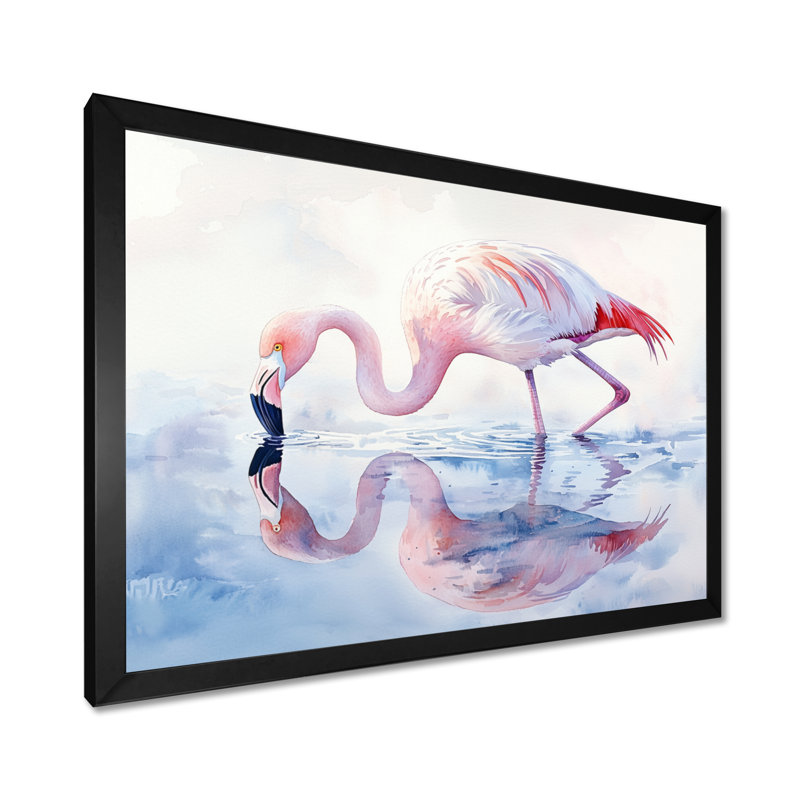 Flamingo Reflections - Art mural flamant pour salon, Cadre simple, Noir, noir, noir, noir, H 16 po x l 32 po