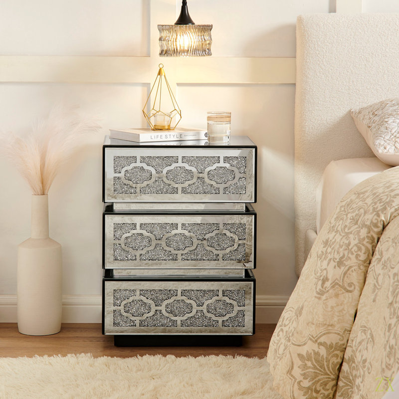 Table de chevet avec miroir, table d'appoint moderne à 3 tiroirs, table de bout décorative avec diamants broyés pour chambre à coucher, dortoir et salon, l 17,7 po x P 13,8 po x H 23,6 po