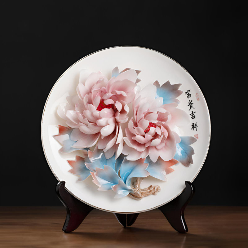 Assiette décorative exquise en pivoine en céramique - Design oriental classique