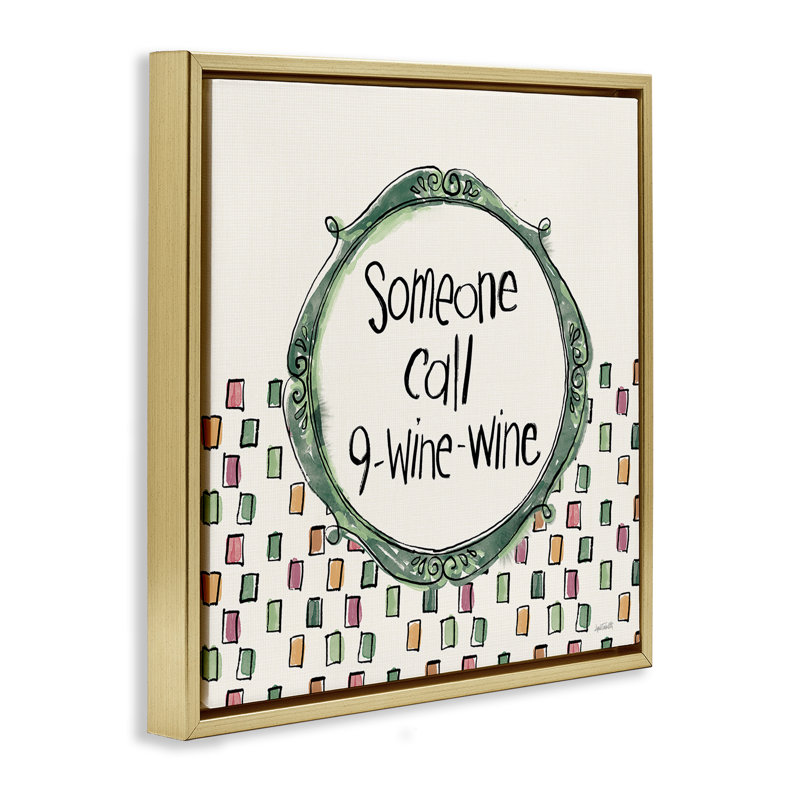 «Funny Wine Sentiment», art mural encadré par Anne Tavoletti, H 18 po x l 18 po, Cadre flottant métallique doré
