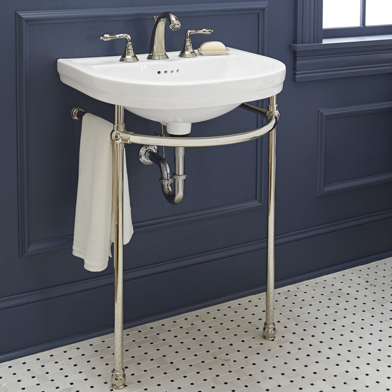St. George White Vitreous China U-Shaped Console Bathroom Sink with Overflow, White/Polished Chrome