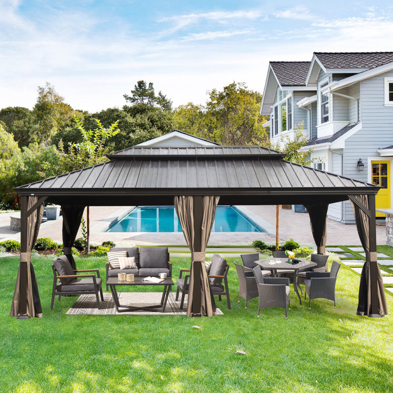 Outdoor Galvanized Steel Patio Gazebo with Double Roof, Gray, 120.94" H x 233.7"W x 142.44"D