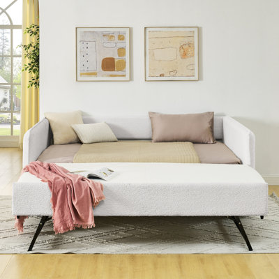 Lit de jour double avec couchette gigogne en tissu beige 83 po x 58,5 po x 29,5 po à rayures verticales, siège élégant et côtés de soutien ergonomiques rembourrés de mousse et rembourrés de motifs sur les dossiers