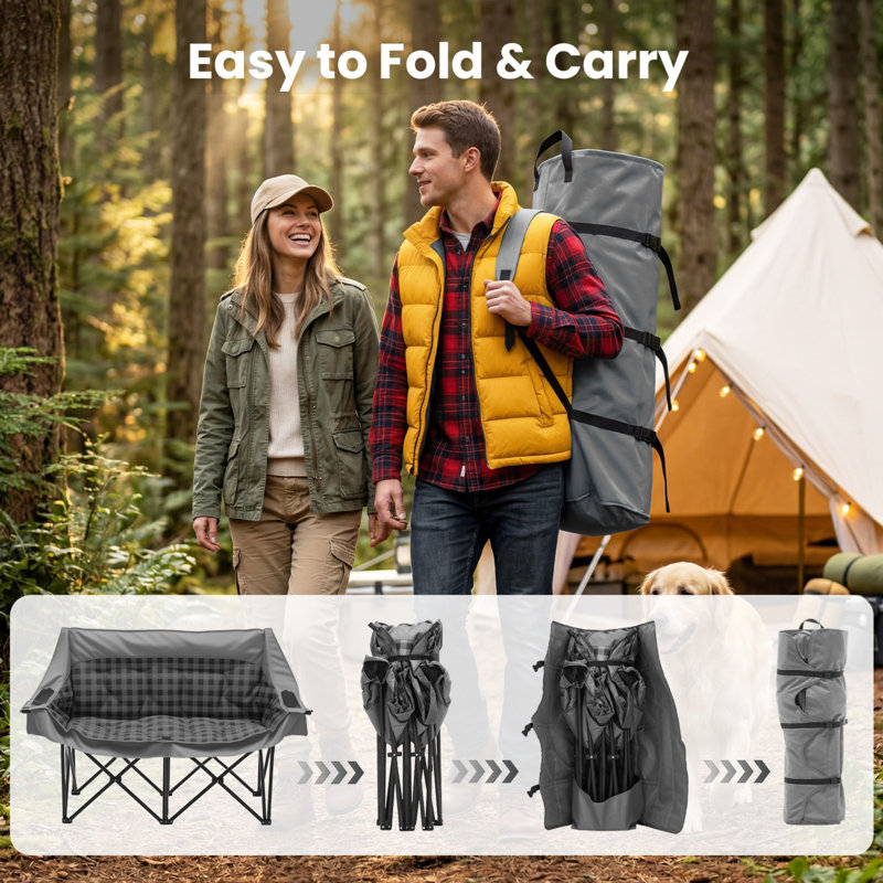 Loveseat Camping Chair with Mat, Double Camping Chair Folding Chair for Two People, Gray