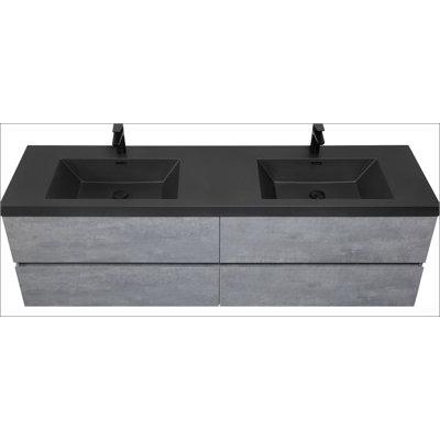 Meuble-lavabo mural 72 po avec lavabo 72 po avec lavabo, meuble-lavabo mural moderne avec deux lavabos en quartz noir et quatre tiroirs à fermeture en douceur, gris 24V12-72GR