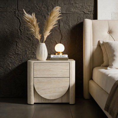 Table de chevet moderne en faux travertin avec 2 tiroirs, table de chevet en bois massif et en bois d'ingénierie, table de bout en marbre entièrement assemblée pour la chambre à coucher, l 24,4 po x P 19,7 po x H 22 po
