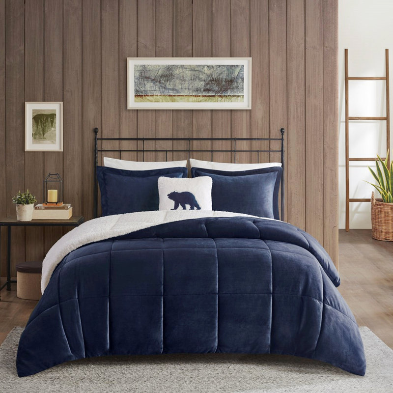 Édredon en duvet synthétique - double / grand, bleu marine + confortable, 2 taies décoratives et 1 coussin décoratif