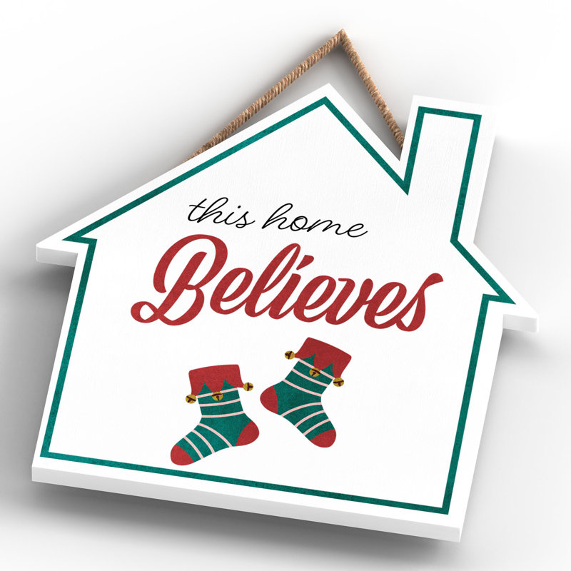 Xmas This Home Believes Wooden House Plaque, 9.9cm H x 9.9cm W x 0.5cm D