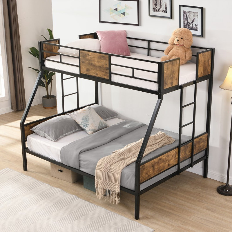 Lit simple superposé en métal avec échelle à 2 côtés et garde-corps sur toute la longueur, sans sommier, grand rangement sous le lit, assemblage facile, noir Brun