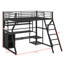 Lit mezzanine en métal pleine grandeur avec espace de travail intégré, garde-robe ouverte, éclairage DEL et solutions de rangement diverses