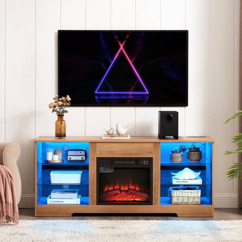 Meuble télé avec foyer électrique Abertamy, H 15,7 po x L 59,06 po x l 24,95 po, Chêne