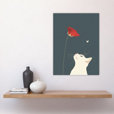 Cat with Rose Butterfly Artwork Simple Cute Wall Art Print