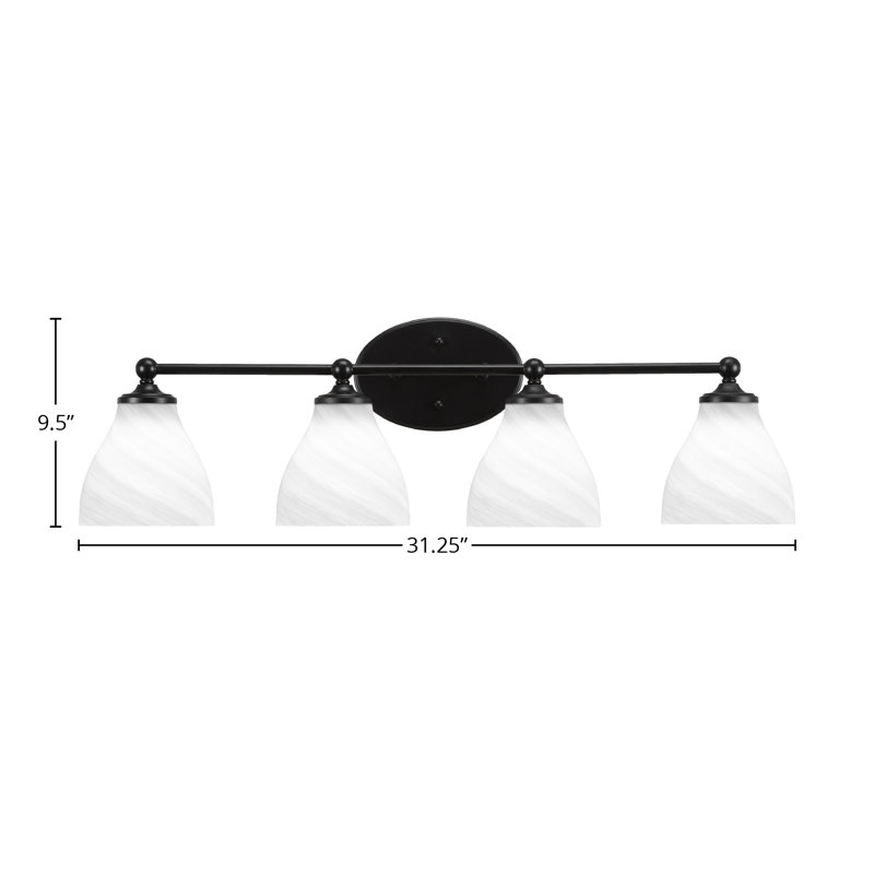 Barre d'éclairage de salle de bain 4 lumières Capri au fini noir mat avec verre en marbre blanc de 6,25 po