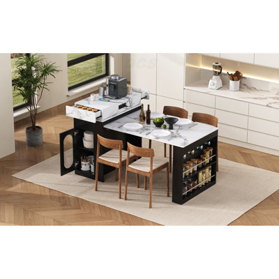 Extendable Dining Table With Folding Tabletop, Bar Table With Drawers And Power Outlet, Kitchen Island With Wheels And Hooks, Sideboard For Kitchen And Dining Room (Black+Marble White), Kitchen Island