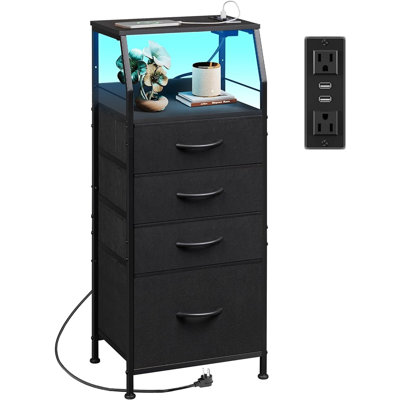 Table de chevet avec station de chargement, table de chevet à DEL avec 4 tiroirs en tissu et tablette de rangement, grande commode pour la chambre à coucher, table de chevet de 37,48 po de hauteur avec 3 ports et prises USB, noir