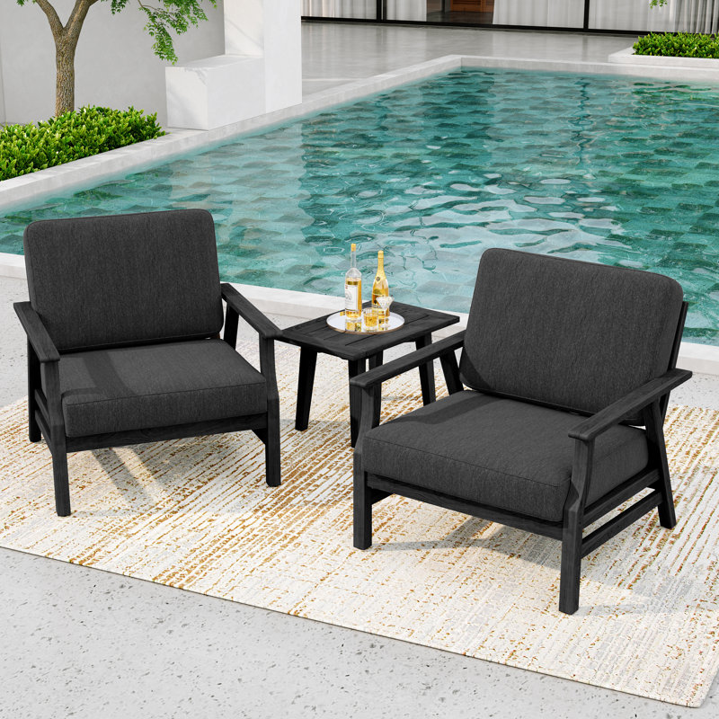 Shweta Solid Wood Outdoor Three Pieces Chair Conversation Seating Group With Cushions And Side Table, Dark Gray, Black