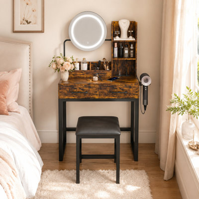 Ensemble coiffeuse de 81 cm avec miroir lumineux et station de charge, marron
