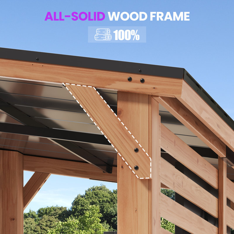 10 ft. x 8 ft. Solid Cedar Outdoor Gazebo Bar Pavilion with Built-In TV Mount and 4 Swivel Bar Stools, Natural / Beige